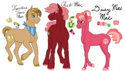 Size: 1192x670 | Tagged: safe, artist:sizzcake, imported from derpibooru, oc, oc only, oc:cleet mac, oc:daisy mae mac, oc:travertine mac, earth pony, pony, color palette, female, half-siblings, male, mare, offspring, parent:big macintosh, parent:cheerilee, parent:double diamond, parent:marble pie, parent:sugar belle, parents:cheerimac, parents:marblemac, parents:sugarmac, siblings, simple background, stallion, step-father, white background