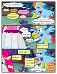 Size: 612x792 | Tagged: safe, artist:christhes, imported from derpibooru, rainbow dash, rarity, pegasus, pony, comic:friendship is dragons, alicorn amulet, clothes, collaboration, comic, crushing, dialogue, dress, female, frown, gala dress, glass slipper (footwear), grin, high heels, implied applejack, implied fluttershy, implied twilight sparkle, injured, laurel wreath, mare, raised hoof, shocked, shoes, show accurate, smiling