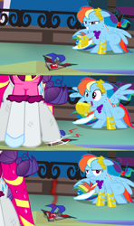 Size: 1920x3240 | Tagged: safe, alternate version, artist:christhes, imported from derpibooru, rainbow dash, rarity, pegasus, pony, comic:friendship is dragons, alicorn amulet, clothes, collaboration, comic, crushing, dress, female, frown, gala dress, glass slipper (footwear), grin, high heels, implied applejack, implied fluttershy, implied twilight sparkle, injured, laurel wreath, mare, raised hoof, shocked, shoes, show accurate, smiling