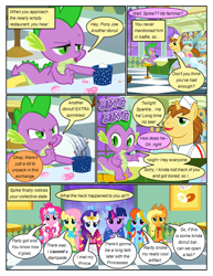 Size: 612x792 | Tagged: safe, artist:newbiespud, edit, edited screencap, imported from derpibooru, screencap, applejack, donut joe, fluttershy, pinkie pie, rainbow dash, rarity, spike, twilight sparkle, dragon, earth pony, pegasus, pony, unicorn, comic:friendship is dragons, the best night ever, chocolate, clothes, comic, cup, dialogue, dress, female, food, frown, gala dress, hat, hot chocolate, injured, male, mane seven, mane six, mare, marshmallow, messy mane, ponyc, sad, screencap comic, slit eyes, slit pupils, stallion, unicorn twilight