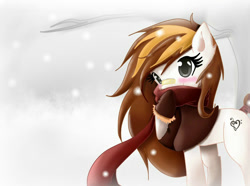 Size: 800x596 | Tagged: safe, artist:hikariviny, imported from derpibooru, oc, oc only, oc:sweet lullaby, pony, bandage, blushing, clothes, female, hoof gloves, mare, one hoof raised, raised hoof, scarf, smiling, snow, solo, tail wrap, tree, winter