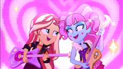 Size: 1920x1080 | Tagged: safe, imported from derpibooru, screencap, kiwi lollipop, sunset shimmer, equestria girls, equestria girls series, sunset's backstage pass!, spoiler:eqg series (season 2), concert, duo, duo female, electric guitar, female, guitar, k-lo, musical instrument, open mouth, singing, true original (song)