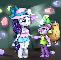 Size: 900x880 | Tagged: safe, artist:pia-sama, imported from derpibooru, rarity, spike, anthro, dragon, unguligrade anthro, unicorn, dragon dropped, basket, breasts, busty rarity, cave, chibi, clothes, cute, digital art, female, flashlight (object), gem, gem cave, hat, holding hands, male, mare, shipping, smiling, sparity, straight, winged spike, wings