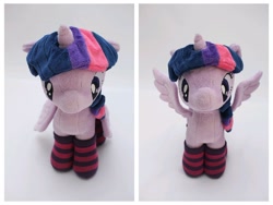 Size: 1280x960 | Tagged: safe, artist:nekokevin, imported from derpibooru, twilight sparkle, alicorn, pony, 4de, clothes, female, happy, irl, looking at you, mare, photo, plushie, sad, smiling, socks, solo, spread wings, striped socks, twilight sparkle (alicorn), wings