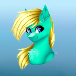 Size: 1500x1500 | Tagged: safe, artist:sacaat, imported from derpibooru, oc, oc only, oc:color dash, pony, bust, chest fluff, female, gradient background, lineless, mare, smiling, solo