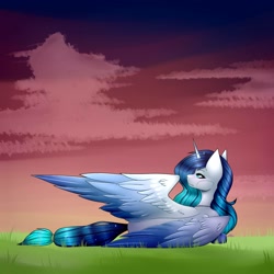 Size: 1500x1500 | Tagged: safe, artist:sacaat, imported from derpibooru, oc, oc only, alicorn, pony, alicorn oc, braided tail, colored wings, ethereal mane, female, gift art, grass, mare, one wing out, prone, redraw, solo, starry mane, wings