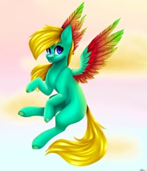Size: 1080x1260 | Tagged: safe, artist:sacaat, imported from derpibooru, oc, oc only, oc:color dash, pegasus, pony, blank flank, colored wings, female, flying, mare, solo, wings
