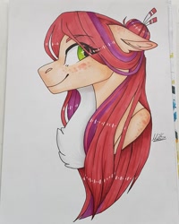 Size: 1080x1350 | Tagged: safe, artist:sacaat, imported from derpibooru, oc, oc only, pony, bust, chest fluff, coat markings, eye clipping through hair, female, floppy ears, freckles, hair bun, looking at you, mare, profile, smiling, solo, traditional art