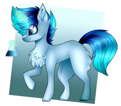 Size: 1080x950 | Tagged: safe, artist:sacaat, imported from derpibooru, oc, oc only, oc:thunder, pony, unicorn, abstract background, blank flank, butt fluff, chest fluff, flask, glowing horn, horn, magic, male, smiling, solo, stallion, telekinesis