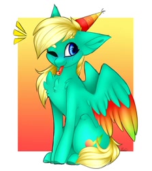Size: 1080x1211 | Tagged: safe, artist:sacaat, imported from derpibooru, oc, oc only, oc:color dash, pegasus, pony, abstract background, birthday, blue eyes, chest fluff, colored wings, cutie mark, cyan coat, female, floppy ears, fluffy, gradient background, hat, mare, multicolored wings, one eye closed, party hat, party horn, party whistle, rainbow wings, sitting, solo, wings, wink, yellow hair, yellow mane