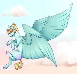 Size: 1080x1035 | Tagged: safe, artist:sacaat, imported from derpibooru, oc, oc only, pegasus, pony, blank flank, chest fluff, coat markings, dappled, female, flying, large wings, mare, profile, smiling, solo, spread wings, wings