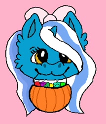 Size: 829x964 | Tagged: safe, artist:pzfan9213, imported from derpibooru, oc, oc:fleurbelle, alicorn, adorabelle, alicorn oc, bow, candy, cute, female, food, hair bow, halloween, holiday, mare, mouth hold, pumpkin bucket, yellow eyes