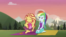 Size: 1986x1125 | Tagged: safe, imported from derpibooru, screencap, rainbow dash, sunset shimmer, equestria girls, equestria girls series, wake up!, spoiler:choose your own ending (season 2), spoiler:eqg series (season 2), barefoot, clothes, feet, female, mountain, pants, soles, wake up!: rainbow dash, yoga mat, yoga pants