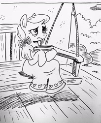 Size: 2853x3473 | Tagged: safe, artist:debmervin, imported from derpibooru, apple juice (g4), pony, rainbow roadtrip, background pony, female, food, mare, monochrome, porch swing, scene interpretation, soup, traditional art, unnamed pony