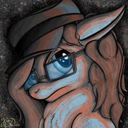 Size: 2000x2000 | Tagged: safe, artist:kayosdrive, imported from derpibooru, oc, oc only, oc:kay, earth pony, pony, abstract background, bust, frown, glasses, hat, limited palette, male, portrait, solo, stallion