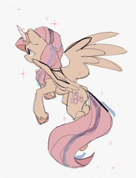 Size: 783x1024 | Tagged: dead source, safe, artist:poneko-chan, imported from derpibooru, fluttershy, pony, celestia costume, fake horn, flying, simple background, sparkles, spread wings, white background, wings