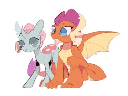 Size: 1024x771 | Tagged: dead source, safe, artist:poneko-chan, imported from derpibooru, ocellus, smolder, butterfly, changedling, changeling, dragon, blushing, butterfly on nose, cute, diaocelles, dragoness, duo, female, insect on nose, simple background, smolderbetes, white background