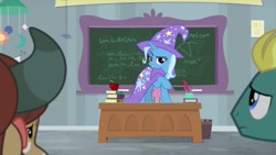 Size: 1920x1080 | Tagged: safe, imported from derpibooru, screencap, end zone, trixie, yona, pony, unicorn, yak, a horse shoe-in, apple, book, cape, clothes, female, food, friendship student, hat, male, mare, quadrupedal, stallion, trixie's cape, trixie's hat