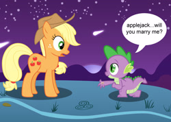 Size: 2880x2045 | Tagged: safe, artist:porygon2z, imported from derpibooru, applejack, spike, dragon, earth pony, pony, applespike, female, male, mare, marriage proposal, night, shipping, shooting star, speech bubble, straight