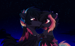 Size: 2549x1568 | Tagged: safe, artist:mirtash, imported from derpibooru, oc, oc only, oc:ayaka, oc:masashi, pegasus, pony, chest fluff, ear fluff, eye contact, female, heart eyes, looking at each other, male, mare, night, rcf community, stallion, stars, wingding eyes