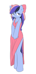 Size: 2400x4922 | Tagged: safe, artist:carnifex, imported from derpibooru, oc, oc only, oc:wind of the skies, anthro, pegasus, anatomically incorrect, bow, clothes, colored, cowering, dress, female, flat colors, hair bow, incorrect leg anatomy, mare, side slit, simple background, solo, standing, total sideslit, transparent background