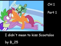 Size: 480x360 | Tagged: safe, artist:minanfranco, imported from derpibooru, scootaloo, spike, tank, dragon, pegasus, pony, tortoise, accidental kiss, butt, fanfic, female, helmet, kiss on the lips, kissing, male, older, older scootaloo, older spike, plot, scootabutt, scootaspike, shipping, straight, wide eyes