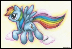 Size: 1162x796 | Tagged: safe, artist:boltonartist, imported from derpibooru, rainbow dash, pegasus, pony, cloud, female, flying, mare, solo, traditional art