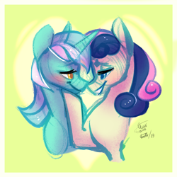 Size: 950x950 | Tagged: safe, artist:eeviart, imported from derpibooru, bon bon, lyra heartstrings, sweetie drops, earth pony, pony, unicorn, blushing, bust, colored sketch, female, lesbian, lyrabon, mare, portrait, shipping