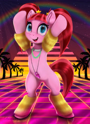 Size: 4550x6300 | Tagged: safe, artist:darksly, imported from derpibooru, pacific glow, earth pony, pony, the saddle row review, 80s, belly button, bipedal, cute, digital art, ear fluff, female, glowbetes, leg warmers, mare, open mouth, outrun, pacifier, palm tree, pigtails, rainbow, smiling, solo, tree, vaporwave
