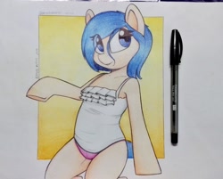 Size: 2278x1836 | Tagged: safe, artist:perezadotarts, imported from derpibooru, oc, earth pony, pony, semi-anthro, blue eyes, clothes, drawing, female, hair, mare, panties, paper, photo, pink underwear, simple background, smiling, solo, traditional art, underwear