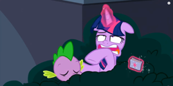 Size: 1278x638 | Tagged: safe, imported from derpibooru, screencap, spike, twilight sparkle, alicorn, the point of no return, book, bush, faic, glowing horn, horn, magic, magic aura, out of context, telekinesis, twilight sparkle (alicorn)