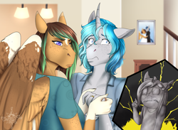 Size: 2671x1956 | Tagged: safe, artist:blackblood-queen, imported from derpibooru, oc, oc only, oc:bubble lee, oc:kiwi breeze, oc:mako, oc:silver lining, anthro, orca pony, original species, pegasus, unicorn, anthro oc, clothes, digital art, female, freckles, makolee, male, mare, mother and daughter, photo, shipping, stallion, story in the source, straight