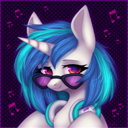 Size: 2000x2000 | Tagged: safe, artist:avrameow, imported from derpibooru, dj pon-3, vinyl scratch, pony, unicorn, abstract background, bust, chest fluff, female, headphones, high res, looking at you, mare, smiling, solo, sunglasses