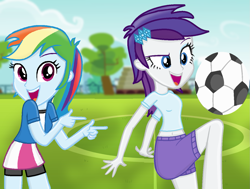 Size: 1343x1016 | Tagged: safe, alternate version, artist:epiccartoonsfan, artist:grapefruitface1, artist:sakyas-bases, artist:shiibases, imported from derpibooru, rainbow dash, rarity, equestria girls, base used, clothes, football, pointing, show accurate, sports
