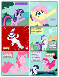 Size: 612x802 | Tagged: safe, artist:newbiespud, artist:winged cat, edit, edited screencap, imported from derpibooru, screencap, fluttershy, opalescence, pinkie pie, rarity, spike, twilight sparkle, cat, dragon, earth pony, pegasus, pony, unicorn, comic:friendship is dragons, bow, collaboration, comic, dialogue, eyes closed, female, frown, hair bow, jumping, looking up, male, mare, pointing, raised hoof, screencap comic, slit eyes, slit pupils, smiling, trampoline, unamused, unicorn twilight