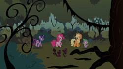 Size: 2100x1181 | Tagged: safe, imported from derpibooru, screencap, applejack, pinkie pie, spike, twilight sparkle, dragon, earth pony, pony, unicorn, feeling pinkie keen, everfree forest, female, forest, group, male, mare, mushroom, quartet, unicorn twilight, vine