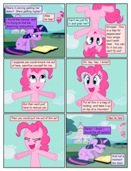 Size: 612x802 | Tagged: safe, artist:newbiespud, artist:winged cat, edit, edited screencap, imported from derpibooru, screencap, pinkie pie, twilight sparkle, earth pony, pony, unicorn, comic:friendship is dragons, annoyed, book, collaboration, comic, dialogue, eyes closed, female, floppy ears, frown, jumping, mare, reading, screencap comic, sitting, smiling, trampoline, unicorn twilight, upside down