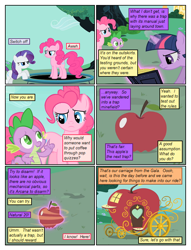 Size: 612x802 | Tagged: safe, artist:newbiespud, artist:winged cat, edit, edited screencap, imported from derpibooru, screencap, pinkie pie, rarity, spike, twilight sparkle, dragon, earth pony, pony, unicorn, comic:friendship is dragons, the best night ever, apple, apple carriage, book, chariot, collaboration, comic, dialogue, female, food, frown, glowing horn, horn, implied applejack, magic, male, mare, reading, screencap comic, slit eyes, slit pupils, telekinesis, trampoline, transformation, unamused, unicorn twilight