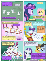Size: 612x802 | Tagged: safe, artist:newbiespud, artist:winged cat, edit, edited screencap, imported from derpibooru, screencap, caramel, fluttershy, lucky clover, opalescence, rarity, twilight sparkle, earth pony, horse, mouse, pegasus, pony, unicorn, comic:friendship is dragons, the best night ever, background pony, bow, collaboration, comic, dialogue, female, grin, hair bow, male, mare, nervous, nervous grin, screencap comic, smiling, stallion, unicorn twilight