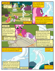 Size: 612x792 | Tagged: safe, artist:newbiespud, edit, edited screencap, imported from derpibooru, screencap, apple bloom, cheerilee, diamond tiara, discord, scootaloo, silver spoon, snails, snips, sweetie belle, twist, draconequus, earth pony, pegasus, pony, unicorn, comic:friendship is dragons, the return of harmony, ball of violence, colt, comic, cutie mark crusaders, dialogue, female, filly, frown, male, mare, pointing, raised hoof, screencap comic, smiling, statue, unamused