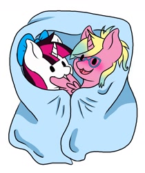 Size: 1836x2190 | Tagged: safe, artist:noxi1_48, imported from derpibooru, oc, alicorn, pony, alicorn oc, blanket, blushing, commission, couple, unicorn oc, ych result, your character here