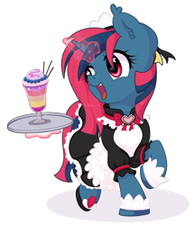 Size: 1616x1874 | Tagged: safe, artist:musicfirewind, artist:wavecipher, imported from derpibooru, oc, oc only, oc:heart tide, pony, unicorn, clothes, cuffs (clothes), cute, female, glowing horn, happy, heart eyes, horn, magic, maid, mare, simple background, telekinesis, transparent background, tray, wingding eyes