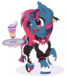 Size: 1616x1874 | Tagged: safe, alternate version, artist:musicfirewind, artist:wavecipher, imported from derpibooru, oc, oc only, oc:heart tide, pony, unicorn, blushing, clothes, cuffs (clothes), cute, female, glowing horn, heart eyes, horn, magic, maid, mare, simple background, telekinesis, transparent background, tray, tsundere, wingding eyes