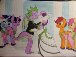 Size: 4160x3120 | Tagged: safe, artist:hiroultimate, imported from derpibooru, apple bloom, rarity, scootaloo, spike, sweetie belle, twilight sparkle, alicorn, dragon, earth pony, pegasus, pony, bride, clothes, crying, drawing, dress, female, groom, handkerchief, kissing, male, mare, marriage, older, older apple bloom, older scootaloo, older spike, older sweetie belle, shipping, spikebelle, straight, suit, tissue, traditional art, tuxedo, twilight sparkle (alicorn), wedding, wedding dress, wedding veil