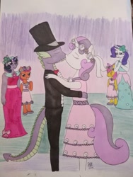 Size: 780x1040 | Tagged: safe, artist:hiroultimate, imported from derpibooru, apple bloom, rarity, scootaloo, spike, sweetie belle, twilight sparkle, anthro, a canterlot wedding, bridesmaid, bridesmaid dress, bridesmaids, clothes, drawing, dress, female, flower filly, flower girl, flower girl dress, hat, kiss on the lips, kissing, male, marriage, shipping, spikebelle, straight, suit, top hat, traditional art, tuxedo, waltz, wedding