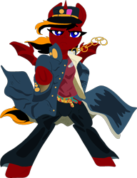 Size: 1374x1793 | Tagged: safe, artist:nootaz, imported from derpibooru, oc, oc only, oc:red flame, bat pony, pony, unicorn, commission, cool, jojo's bizarre adventure, jotaro kujo, ko-fi, png, pointing, solo, standing, wings, yare yare daze