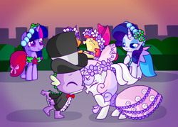 Size: 2166x1549 | Tagged: safe, artist:andromedasparkz, imported from derpibooru, apple bloom, rarity, scootaloo, spike, sweetie belle, twilight sparkle, dragon, earth pony, pegasus, pony, unicorn, a canterlot wedding, bridesmaid, bridesmaid dress, bridesmaids, clothes, dancing, dress, female, filly, floral head wreath, flower, flower filly, flower girl, flower girl dress, hat, kissing, male, mare, marriage, shipping, spikebelle, straight, top hat, tuxedo, unicorn twilight, wedding