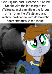 Size: 1000x1412 | Tagged: safe, artist:aaronmk, imported from derpibooru, oc, oc only, oc:littlepip, pony, unicorn, fallout equestria, clothes, fallout, fanfic, fanfic art, female, freckles, hegel, horn, jumpsuit, mare, pipbuck, smiling, solo, text, vault, vault suit, vector
