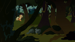 Size: 2100x1181 | Tagged: safe, imported from derpibooru, screencap, applejack, earth pony, pony, feeling pinkie keen, everfree forest, female, forest, mare, solo, tree