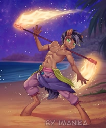 Size: 717x861 | Tagged: safe, artist:imanika, imported from derpibooru, oc, oc only, anthro, earth pony, unguligrade anthro, abs, beach, clothes, dancing, earth pony oc, fire, male, night, pants, partial nudity, smiling, solo, stars, topless, torch, tree, watermark